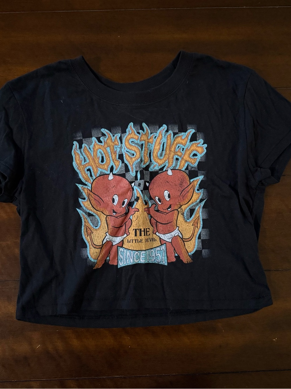 Hot Stuff Black Graphic Crop Top with Red Devil Cartoon